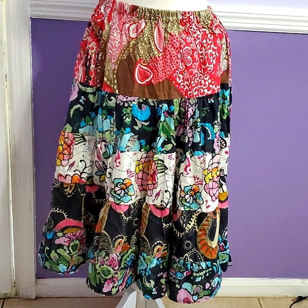 Kommotion NY Colorful Boho Prairie Multipattern Tiered Flowy Mini Skirt S